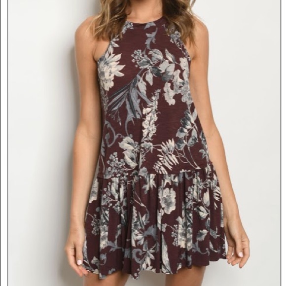 Burgundy Floral Print Sleeveless Dress - Picture 2 of 7